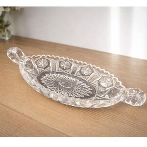 Cut Glass Candy Dish Starburst Pattern Handled Vintage